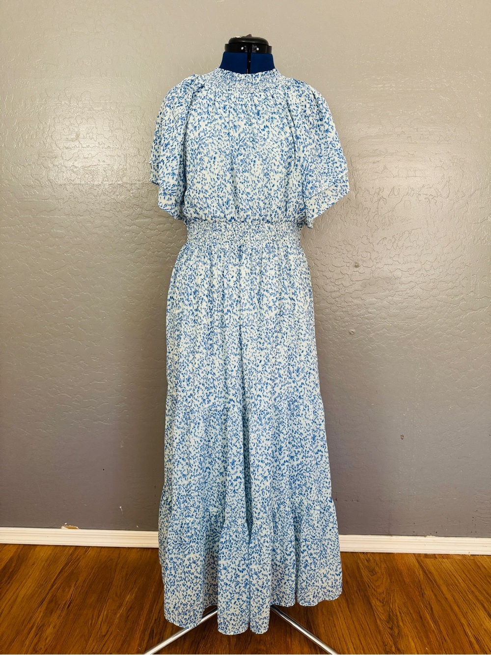 DownEast Light Blue and White Floral Maxi Dress with Smocked Waist